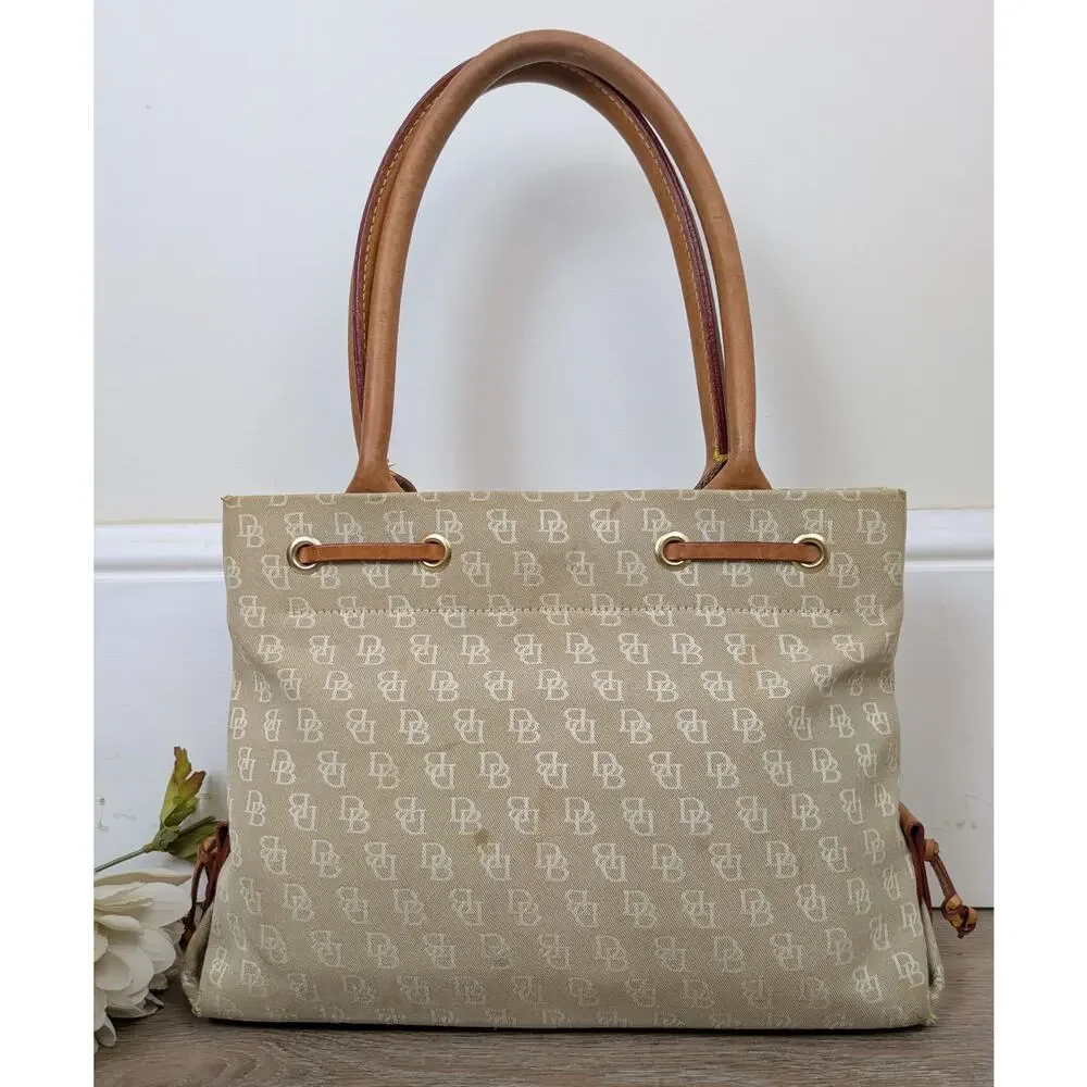 Dooney & Bourke Beige Logo Canvas Satchel with Tan Leather Trim